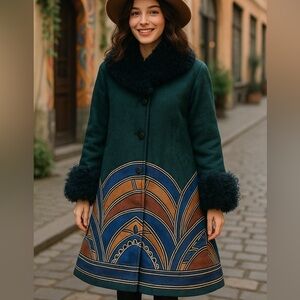 Penny Lane handpainted boho coat, mohair & leather mongolian fur shaggy collar,L